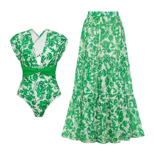 Green Floral Two-Piece Swimsuit with Ruched Cutout Detail