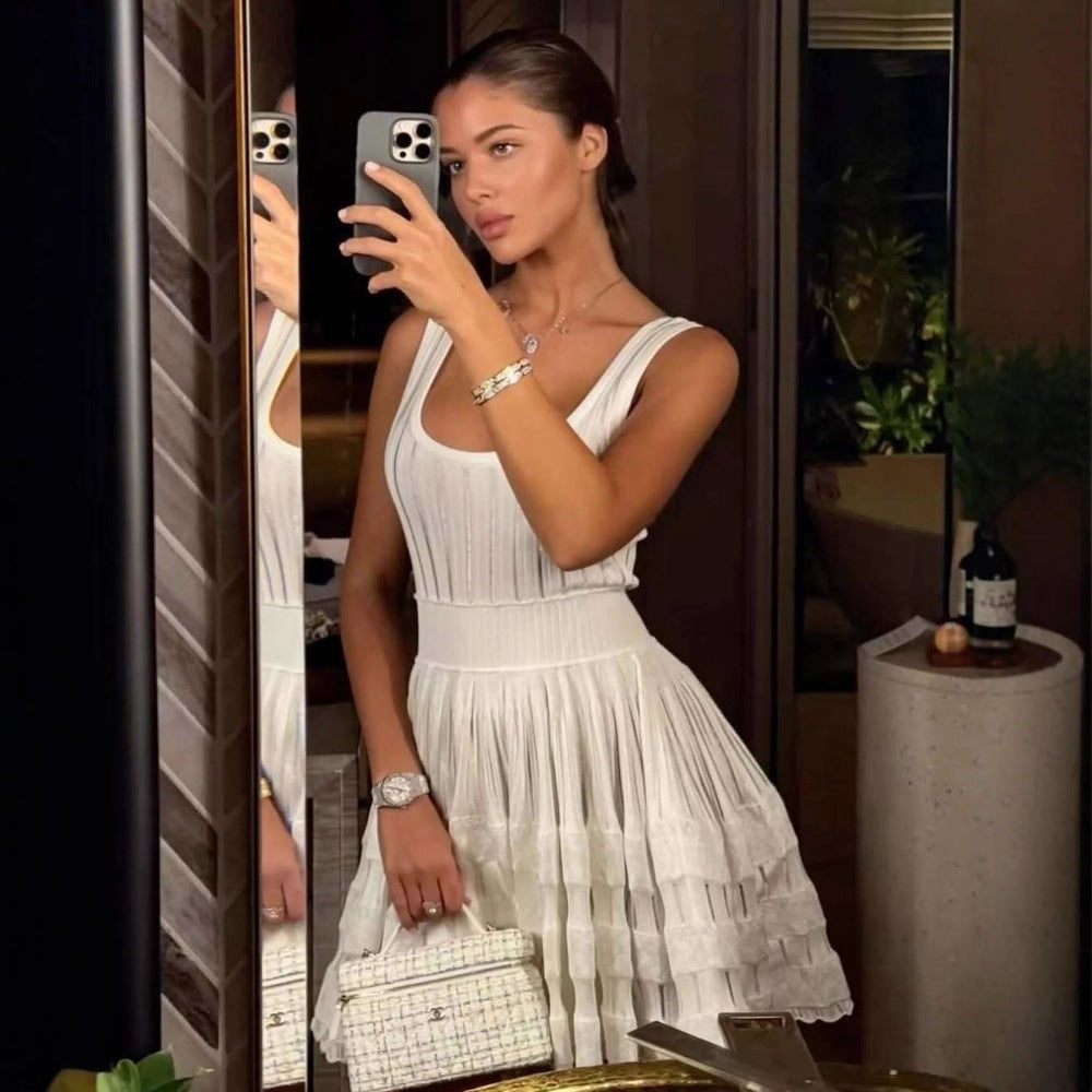 Spring Summer Slim Vest Knitted Dress Women Hollow Out Cutout-out Cinched Sleeveless Puff Short Women