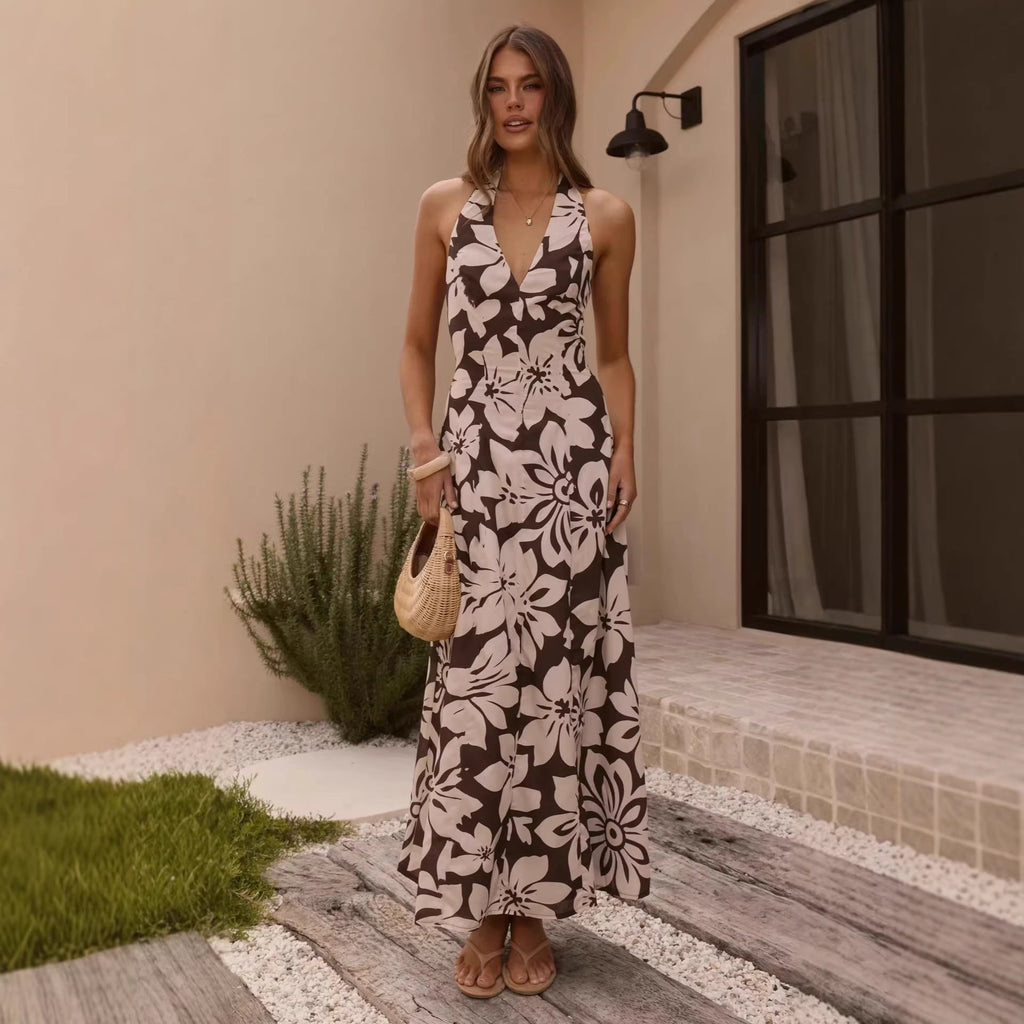 Dress Printed V neck Halter Shoulder Sexy Slim Dress Women