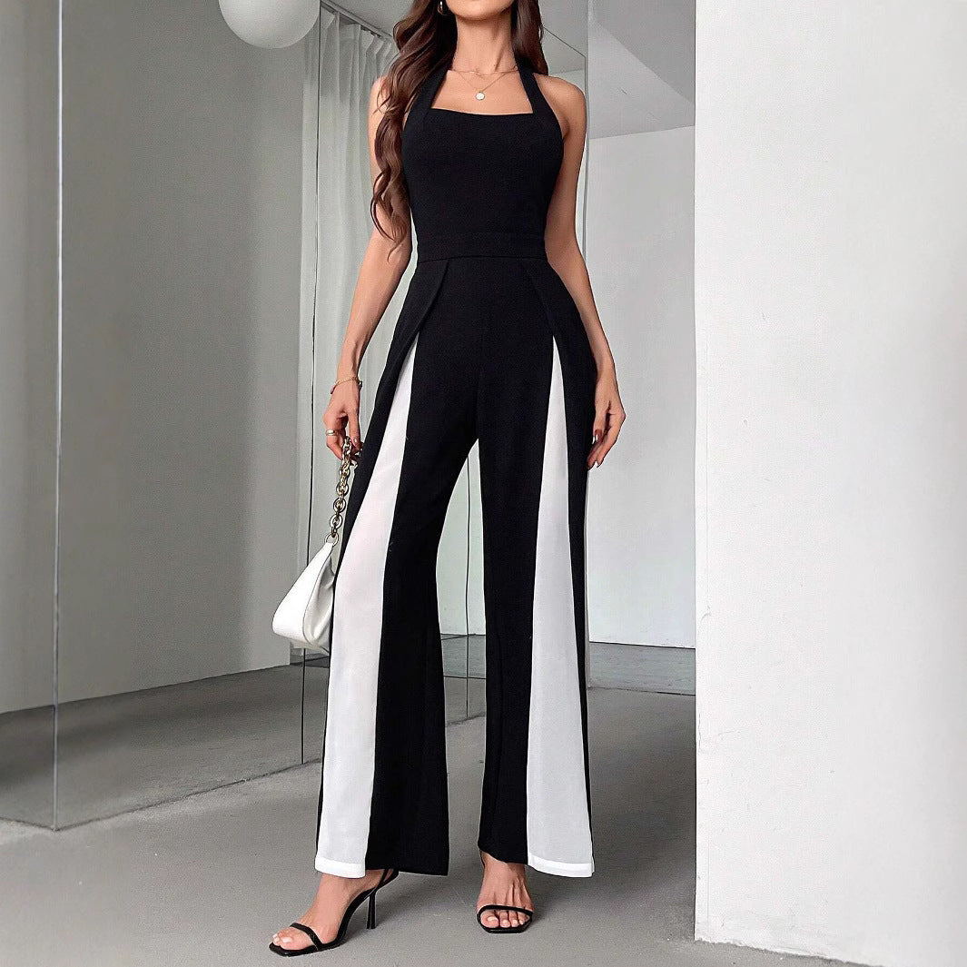 Black straight leg halter jumpsuit with sleeveless design and mid-waist fit