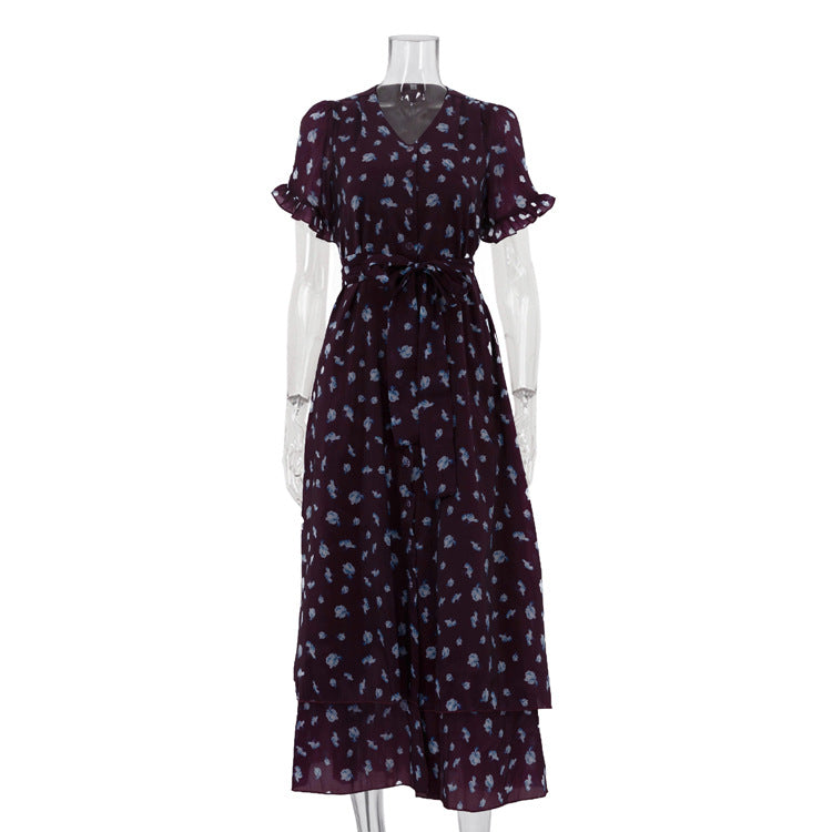 Print French Dress Women V neck Short Sleeve Single Breasted Dress