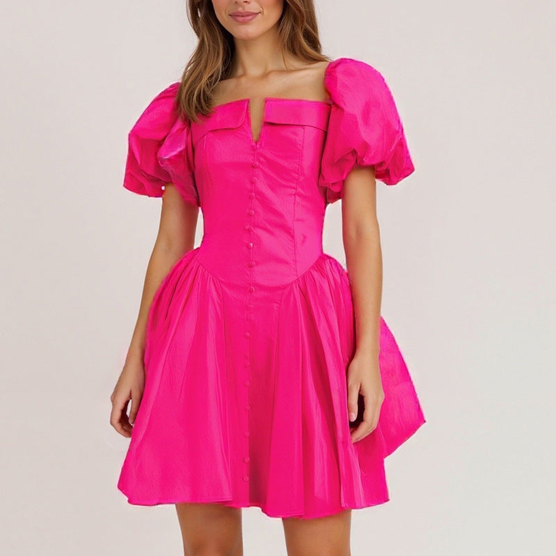 French Elegant Short Collarless Sleeve Waist Slimming Design High Waist Dress Women