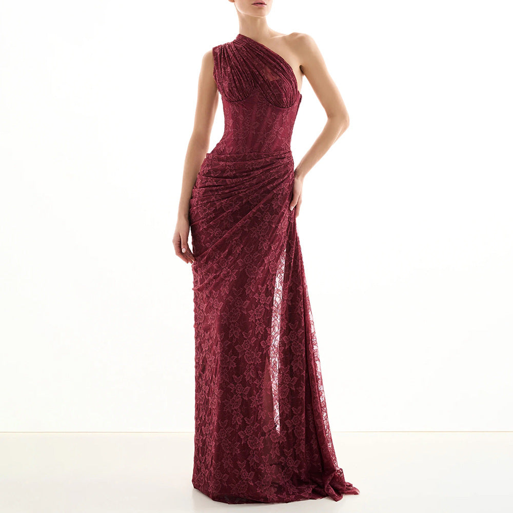 Burgundy Deep V-Neck Lace Fishtail Evening Gown