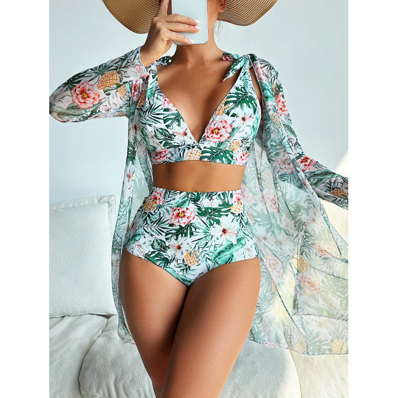 Floral Print 3-Piece Bikini Set with Tie-Front Long Sleeve Blouse