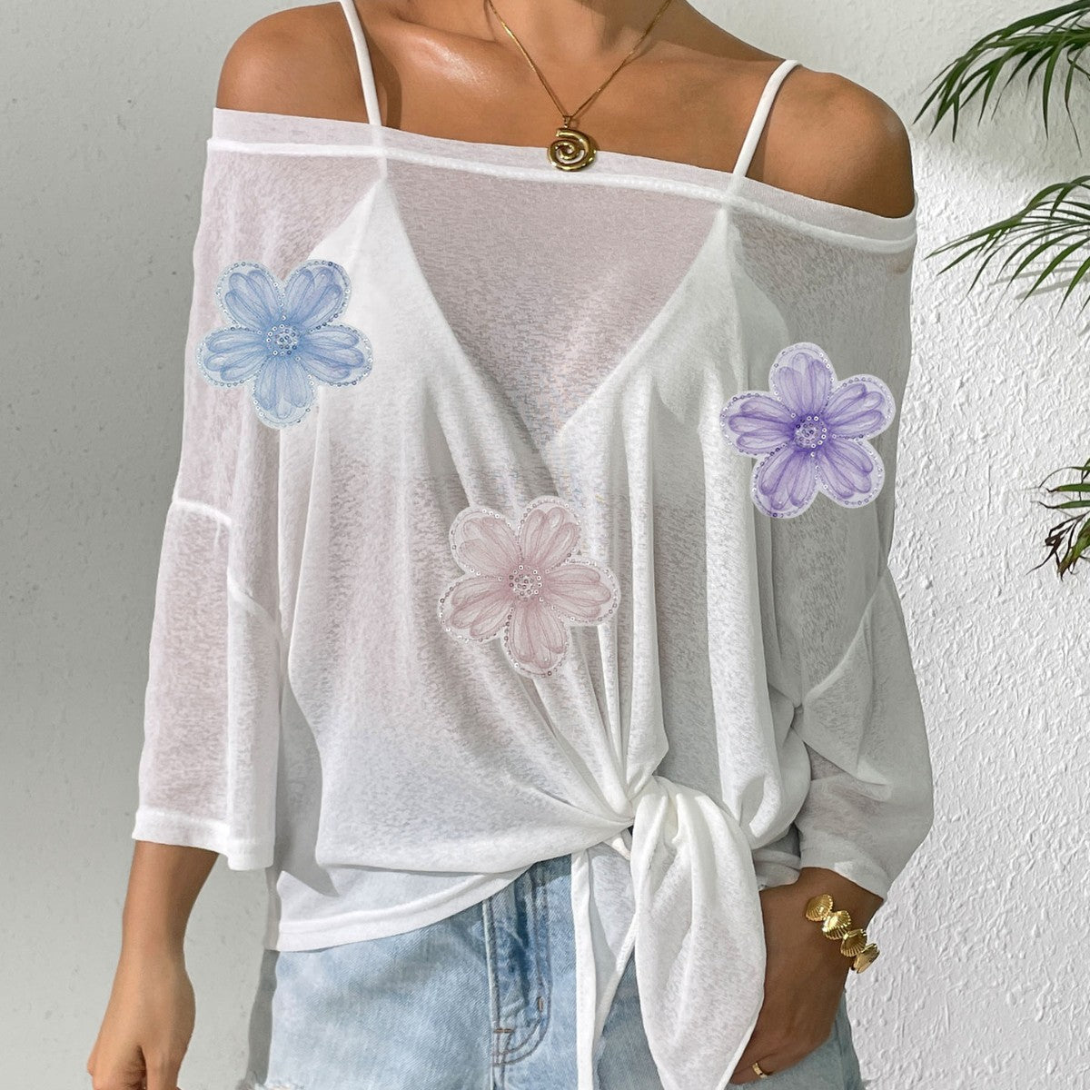 Bella Mia boho off-shoulder beach cover-up with floral embroidery and bow tie details