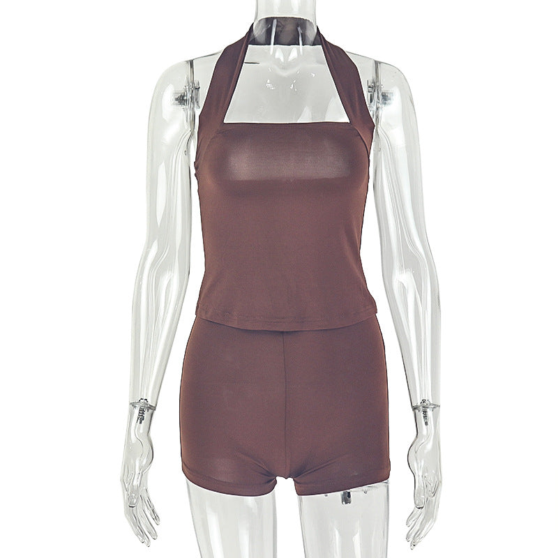 Slim Fit Women Halter Solid Color Office Hip Wrapped Pants Set off Neck Simple Short Two Piece Set