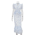 Digital Printing V neck Puff Sleeve Top Skirt Elegant Two Piece Sets