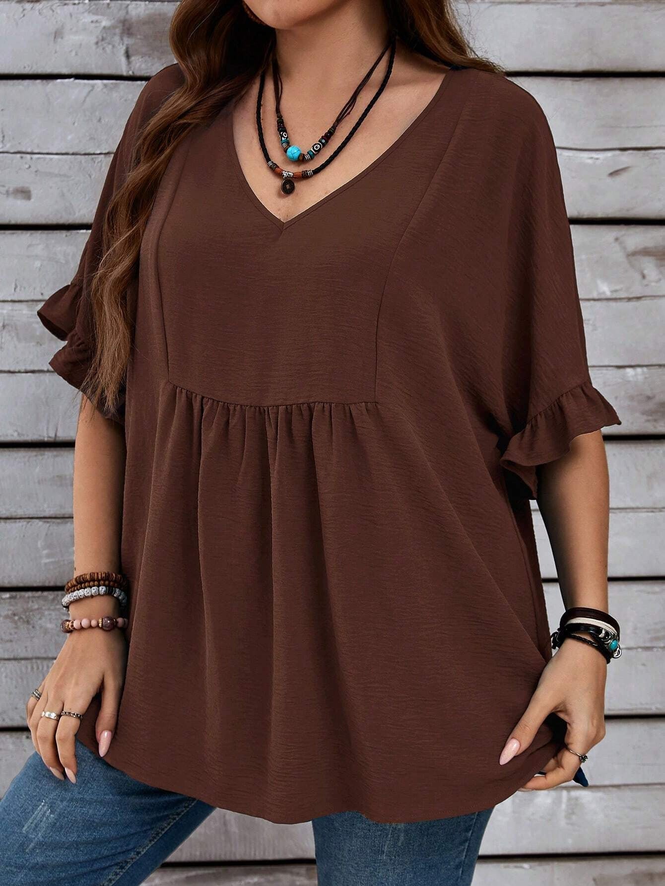 Plus Size Summer Women V neck Solid Color Loose Ruffled High Waist Half Sleeve Top