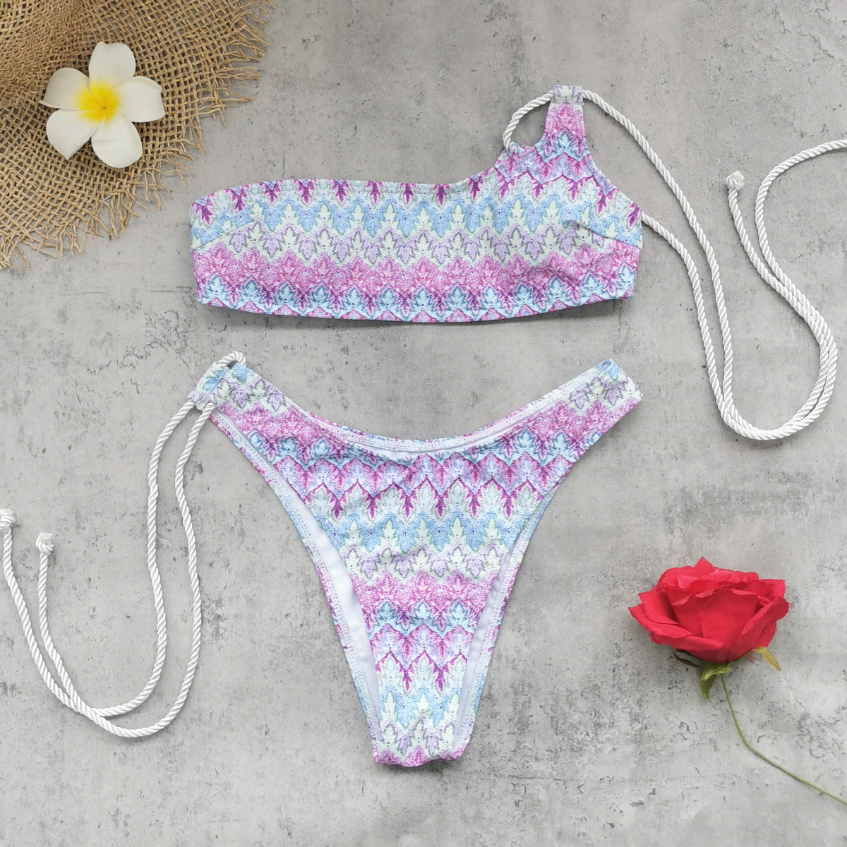 Women One Shoulder Striped Bikini Set with Matching Mesh Skirt