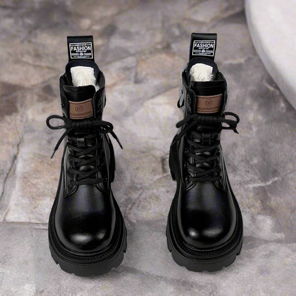 Women Fur Lined Platform Combat Boots Winter Black Ankle Boots - Image 3