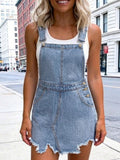 Raw Edge Denim Suspender Skirt Women Irregular Asymmetric Hem A- line Short Skirt Washed Distressed Suspender Skirt