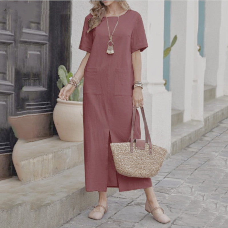 Women's Cotton Linen Midi Dress, Relaxed Fit Round Neck Boho Shift