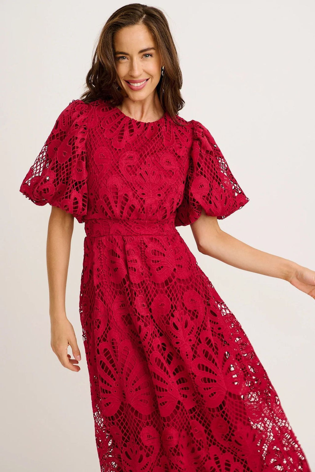 Puff Sleeve Large Swing Dress Dress Hollow Out Cutout out Stitching Water Soluble Lace Waist Solid Color Dress
