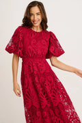 Puff Sleeve Large Swing Dress Dress Hollow Out Cutout out Stitching Water Soluble Lace Waist Solid Color Dress