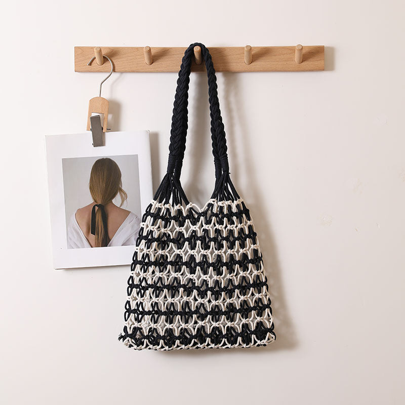Woven Macrame Tote Bag for Beach Vacation Stylish Handheld Purse - Image 3