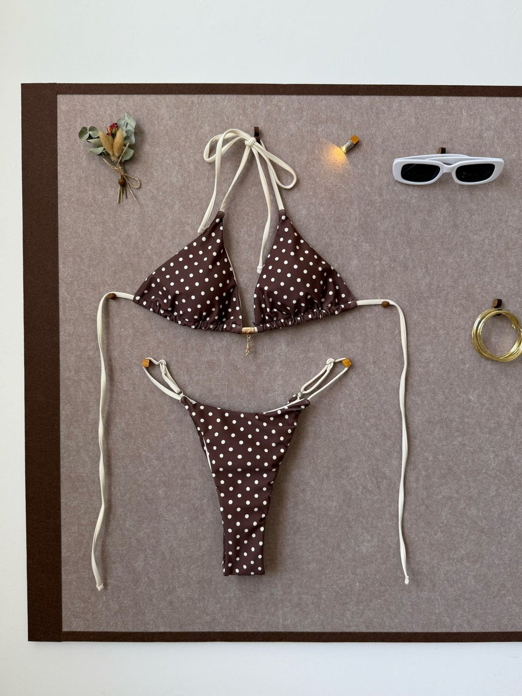 Polka Dot Halter Bikini with Color Splicing Detail