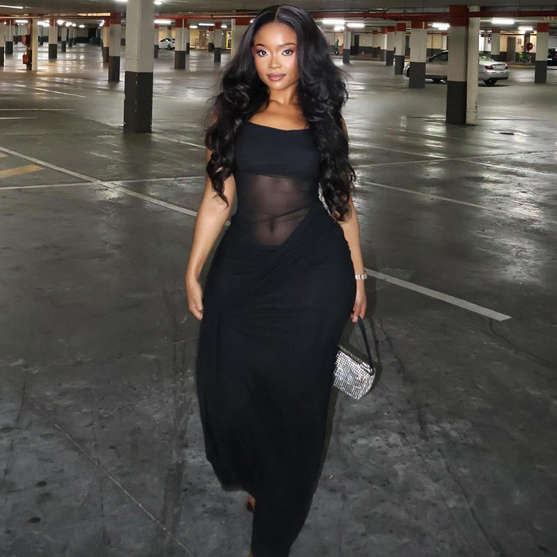 Women Clothing Solid Color Design Slightly Revealed Cropped Hip round Neck Slim Street Maxi Dress