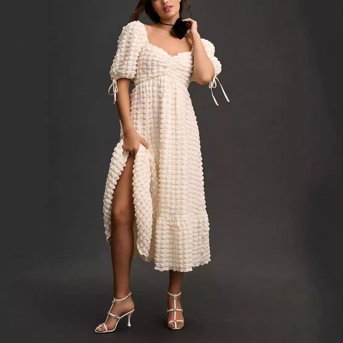 Bubble Sleeve Women Elegant Dress Long Short Sleeve French Tied Vacation Dress