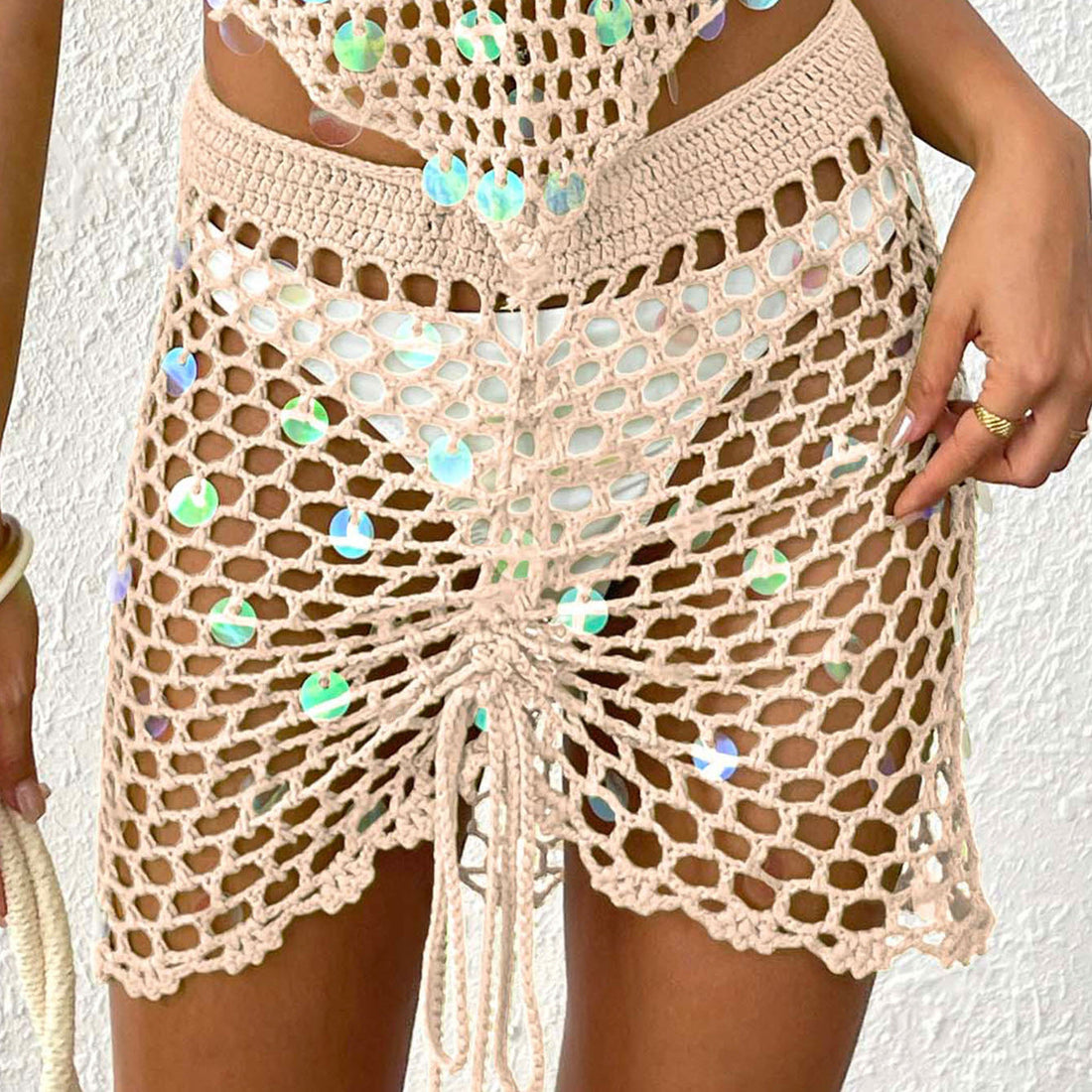 Asymmetric Crochet Beach Skirt with Sequin and Drawstring Detail