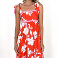Floral Wave Halter Dress - Spaghetti Strap A-Line Maxi Dress with Tie Details