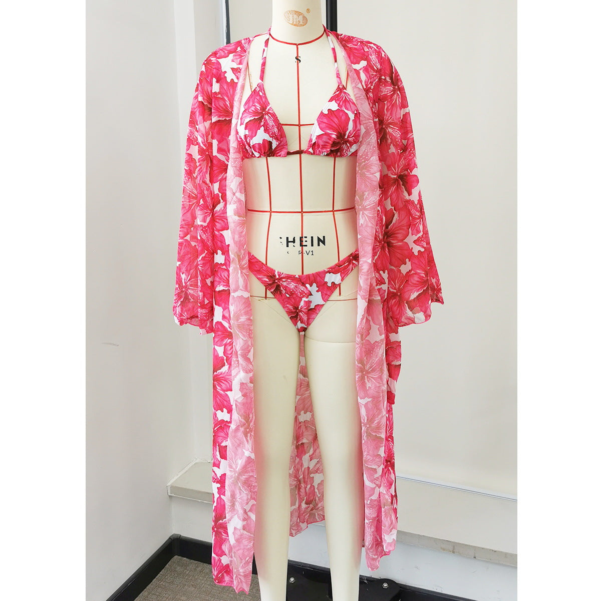 Vintage Floral Print Long Sleeve Blouse Backless Split Swimsuit