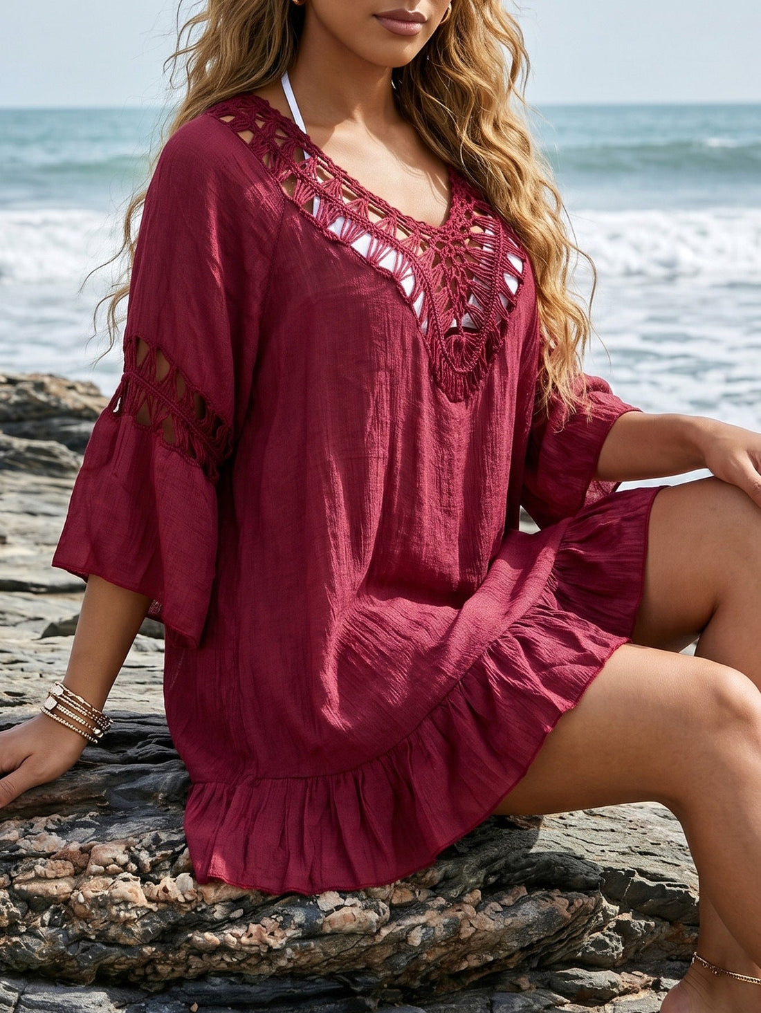 Boho Crochet Mini Beach Dress with Ruffled Sleeves & Cutouts