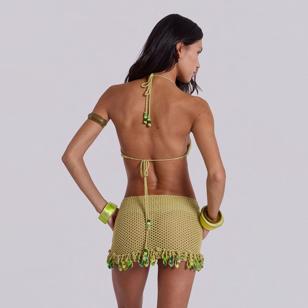Olive Green Halter Cutout Mini Dress - Boho Beach Resort Wear