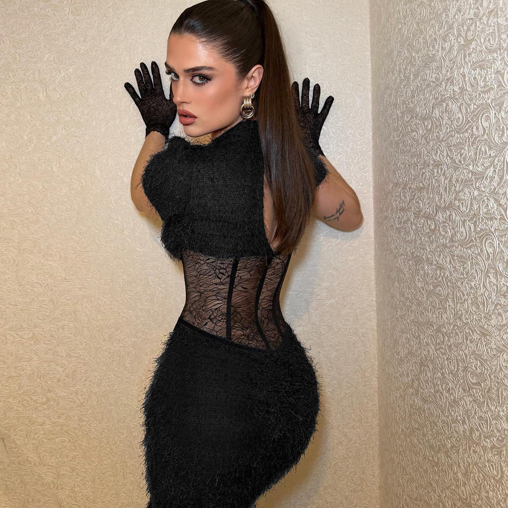 Sexy Slim Fit See-Through Split Short Sleeve Elegant Mini Dress