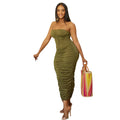 Women Clothing Sexy Bandeau Pleated Solid Color Dress Midi Dress
