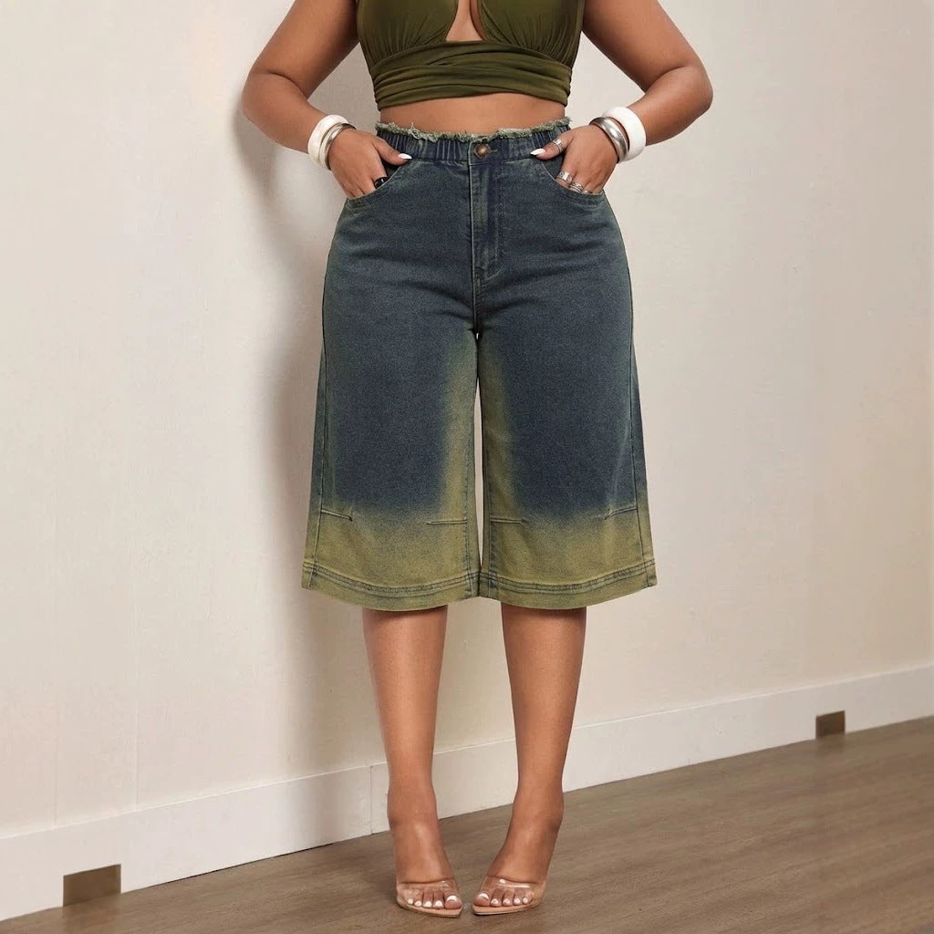 Women Mid Waist Wide Leg High Elastic Contrast Color Denim Pants Summer Loose All Match Cropped Pants