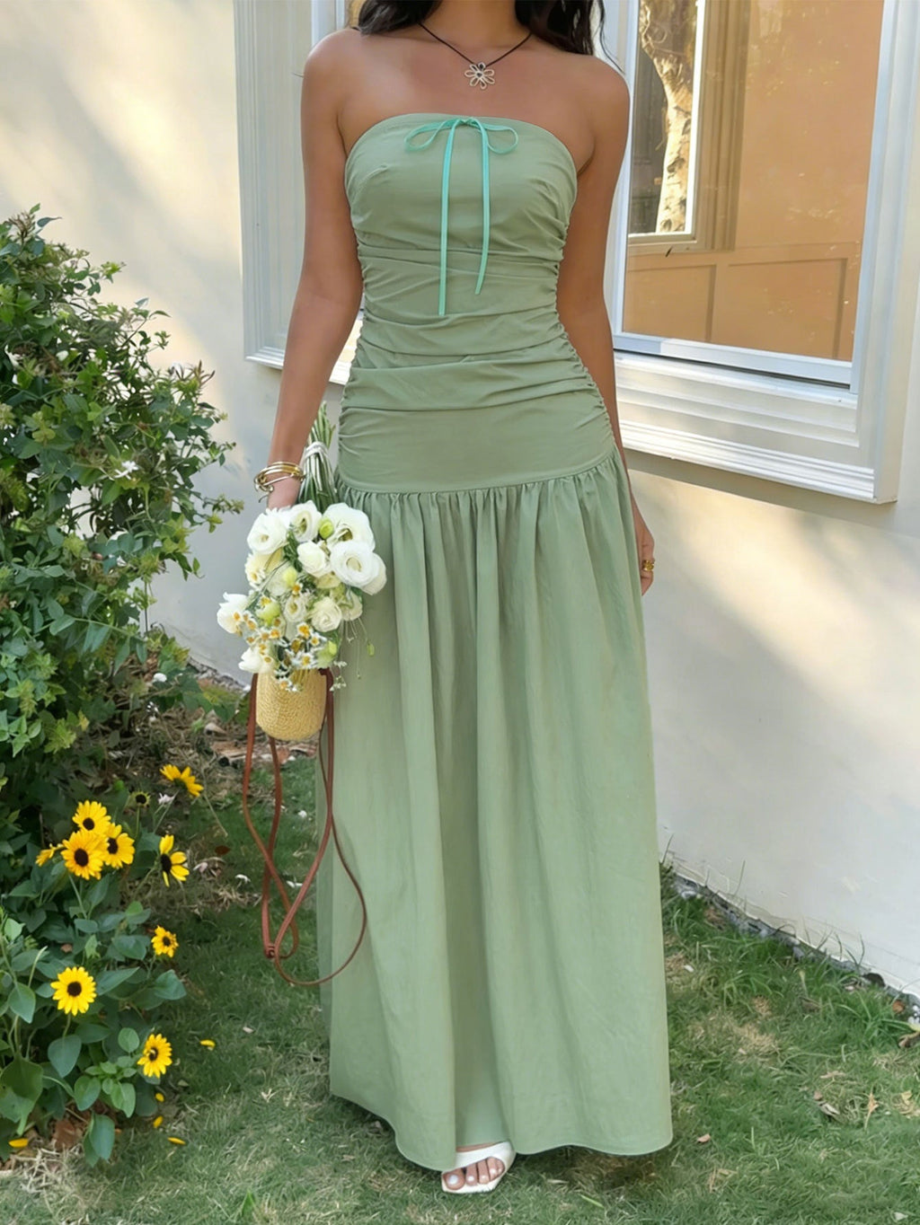 French Gentle Tube Top Dress Summer Waist Trimming Lace up Long Vacation Dress