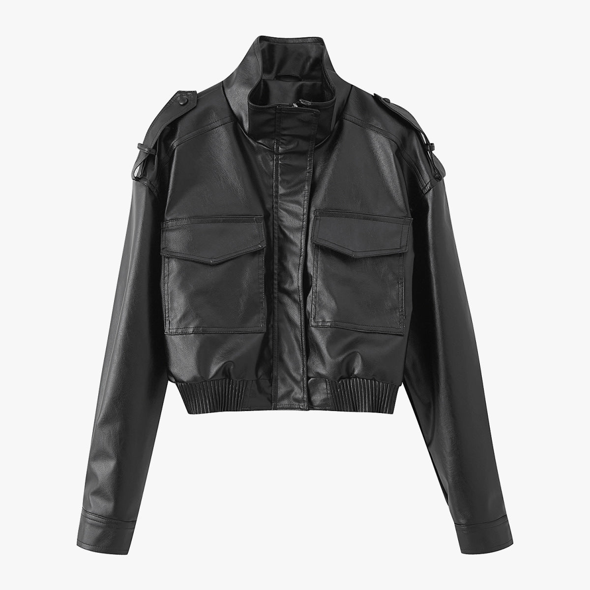 Women's Faux Leather Stand Collar Zip Bomber Jacket Black Olive - Image 4