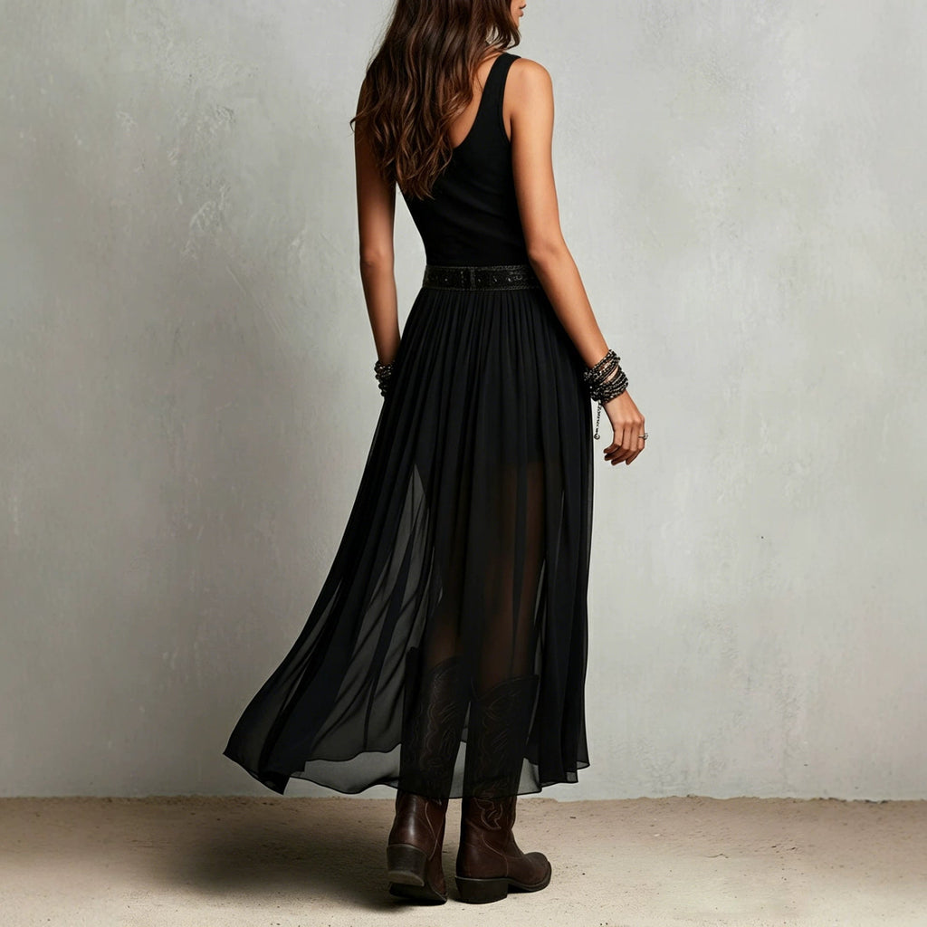 Wind Black Cami Dress Women Summer Mesh Dress High Waist Irregular Asymmetric Swing Slimming Dress