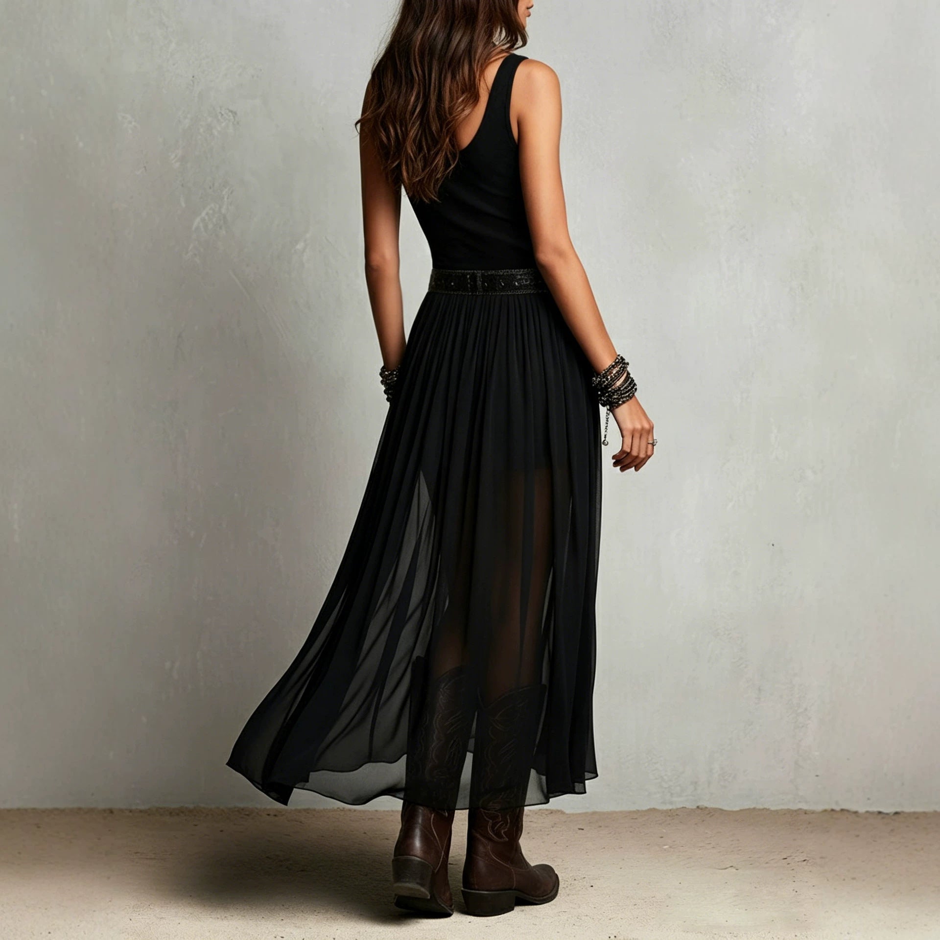 Wind Black Cami Dress Women Summer Mesh Dress High Waist Irregular Asymmetric Swing Slimming Dress