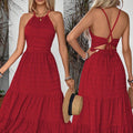 Women Clothing Vintage Red Halter Dress Summer High Waist Backless Dress