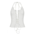 Sexy Women Halter Lace Stitching Faux Two Piece Waist Hollow Out Cutout out Strap Bra Camisole