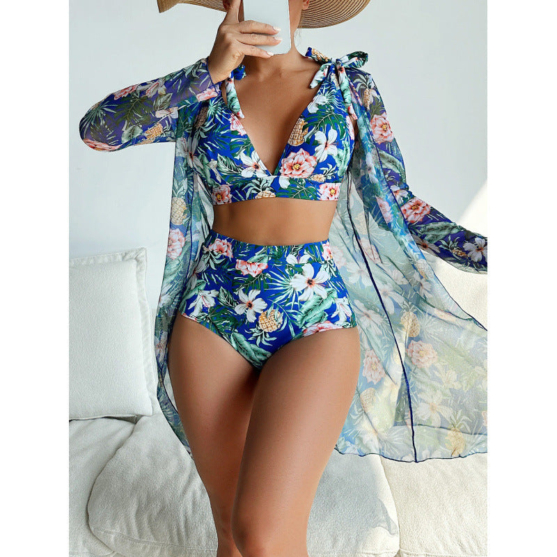 Floral Print 3-Piece Bikini Set with Tie-Front Long Sleeve Blouse