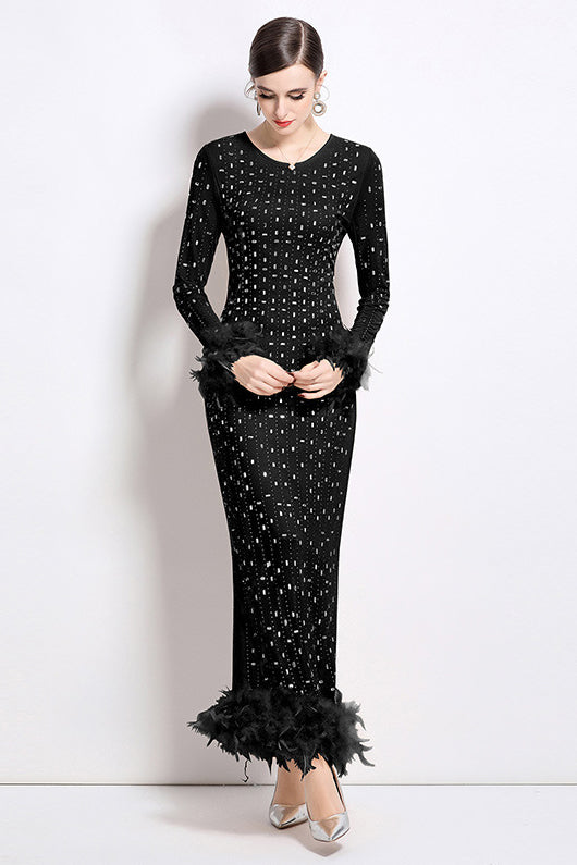 Women's Black Silver Maxi Party Dress with Rhinestone & Feather