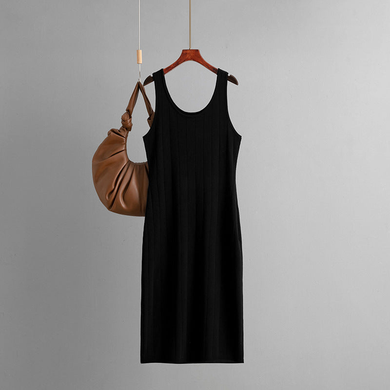 Slim Fit Double round Neck Solid Color Knitted Sling Dress Slimming Slimming Sexy Sheath Dress