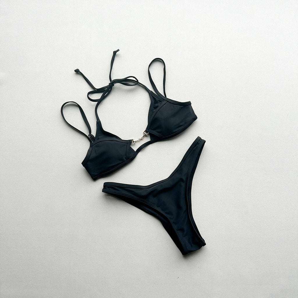 Minimalist Black Halter Tie-Strap Bikini Set for Vacation