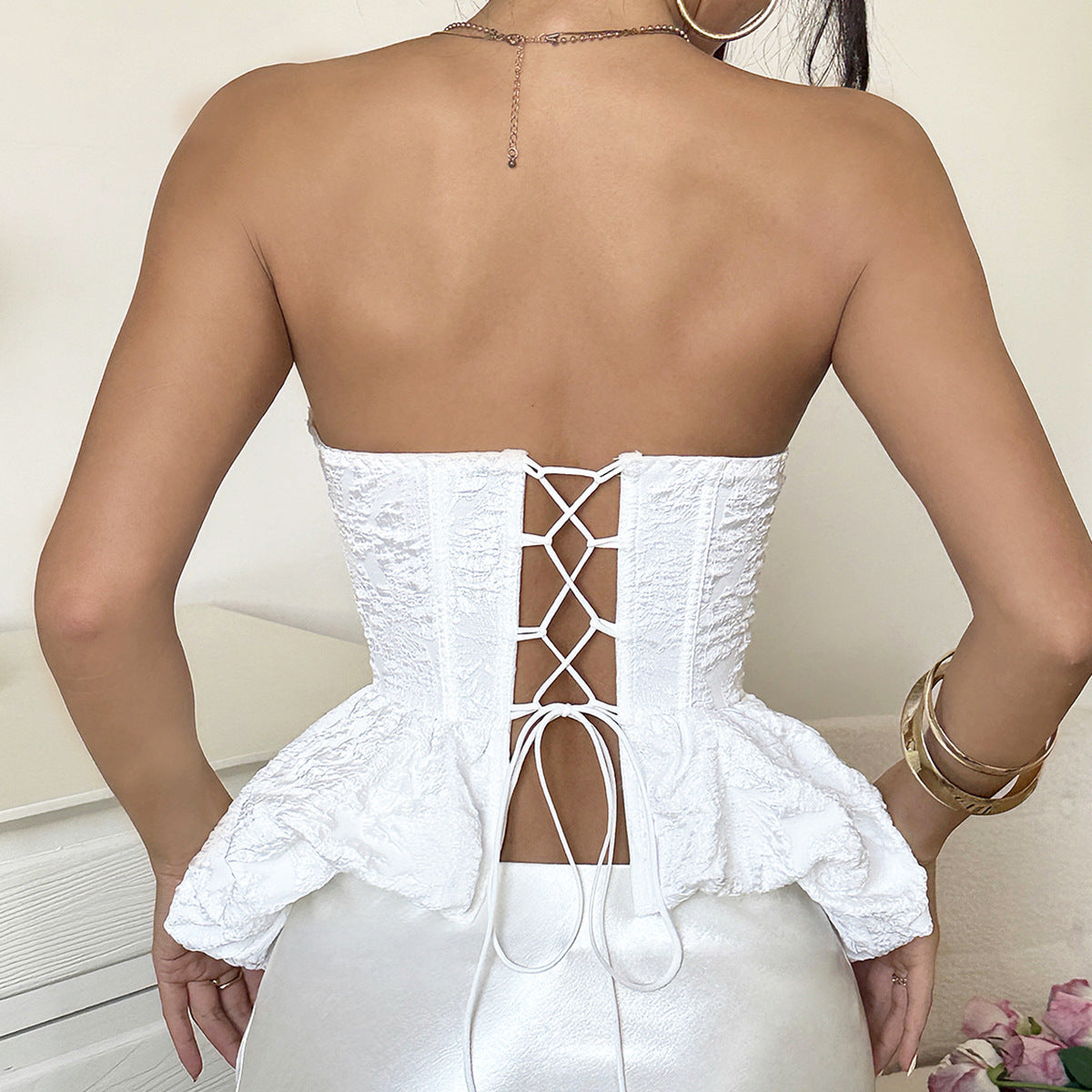 Summer Jacquard Solid Color Sexy Spicy Girl Boning Corset Chest Cotton Waist Tight Fishtail Hem Lace up Tube Top