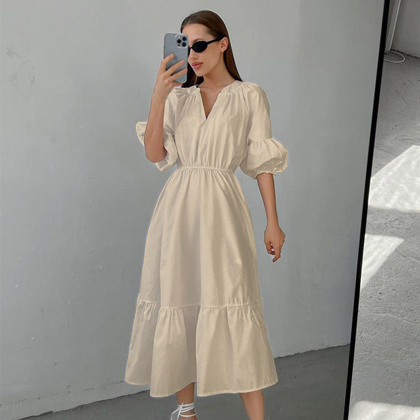 Summer Office Klein Blue Puff Sleeve High Waist A- line Dress Fashionable Simple Women Dress