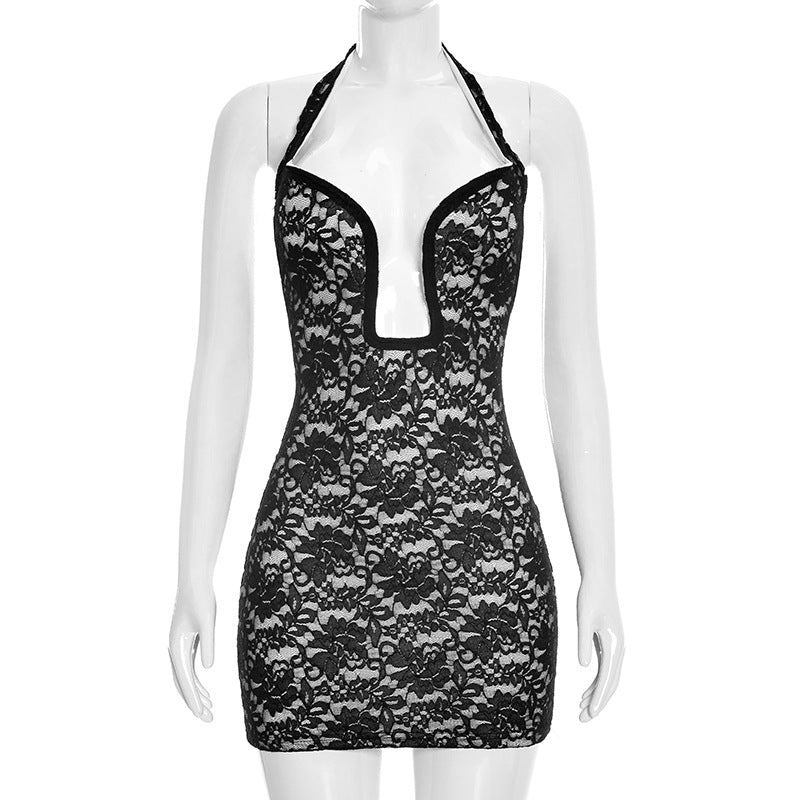 Women Spring Summer Low Necked Sexy Hip Lace Halter Mini Dress for Women