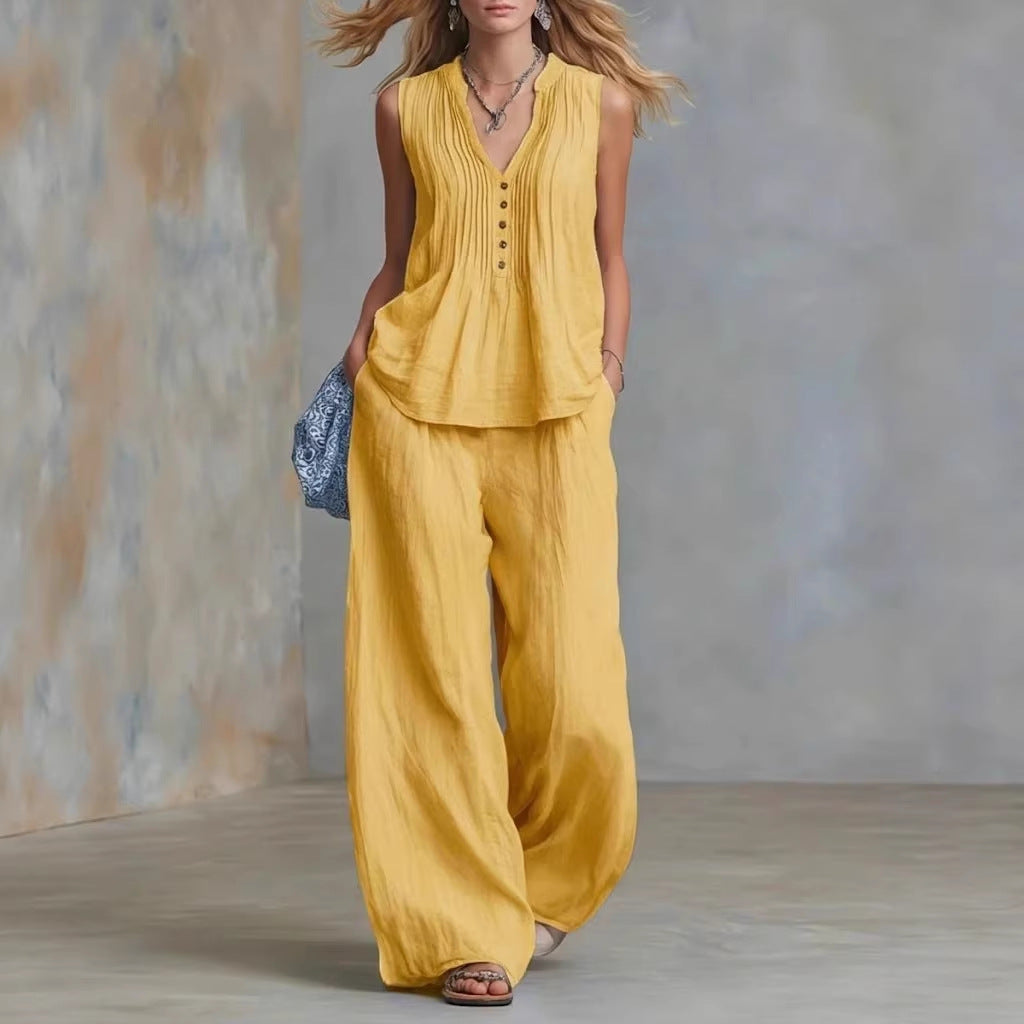 Women Clothing Summer Casual Stylish Solid Color Sleeveless V neck Set