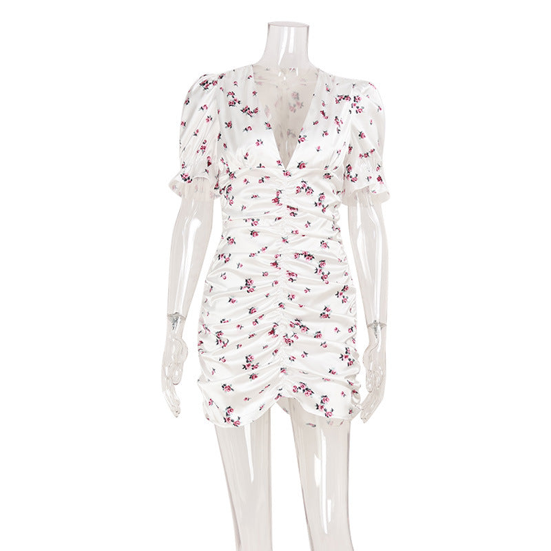 Women French V neck Sexy Slim Hip Floral Puff Sleeve Dress Short