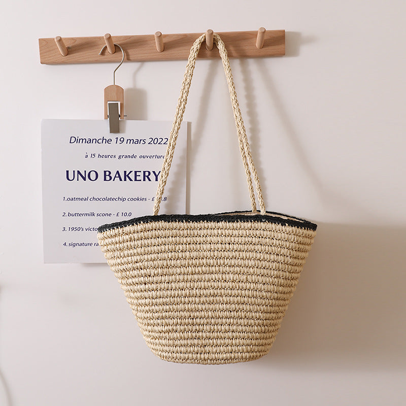 Woven Straw Beach Tote with Black Edge Trim