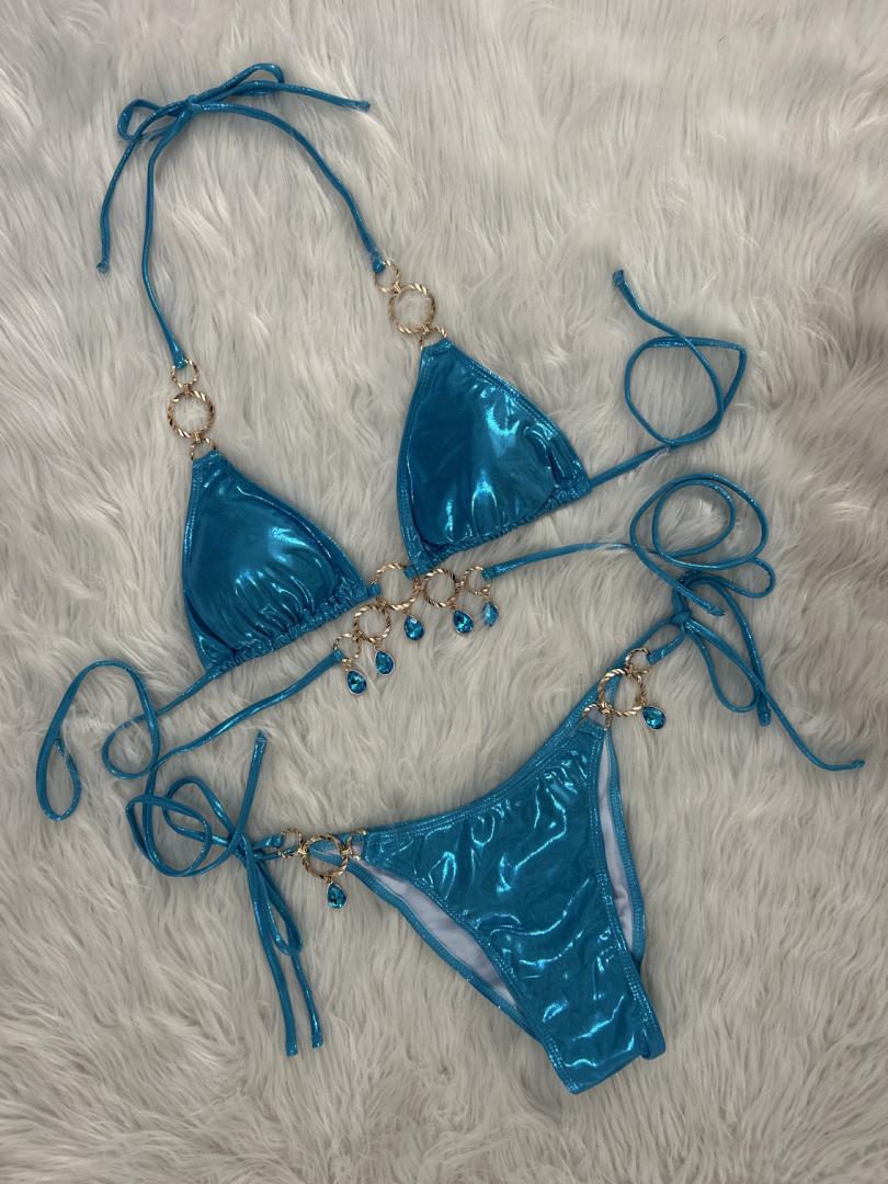 Glamorous Rhinestone Halter Bikini Set with Ruched Detail