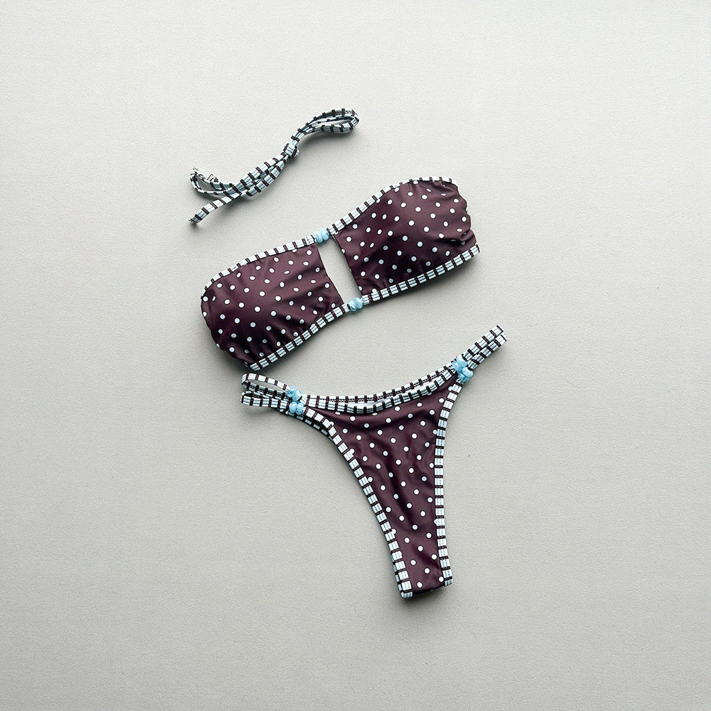 Polka Dot Strapless Tube Top Bikini Set with Cutout Details