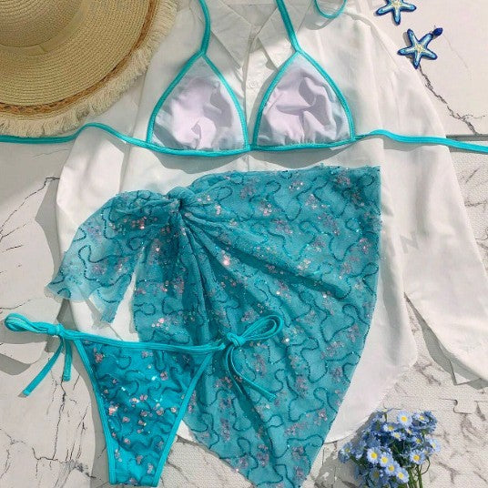 Blue Sequin Halter Bikini Three Piece Set - Boho Beach Swimwear