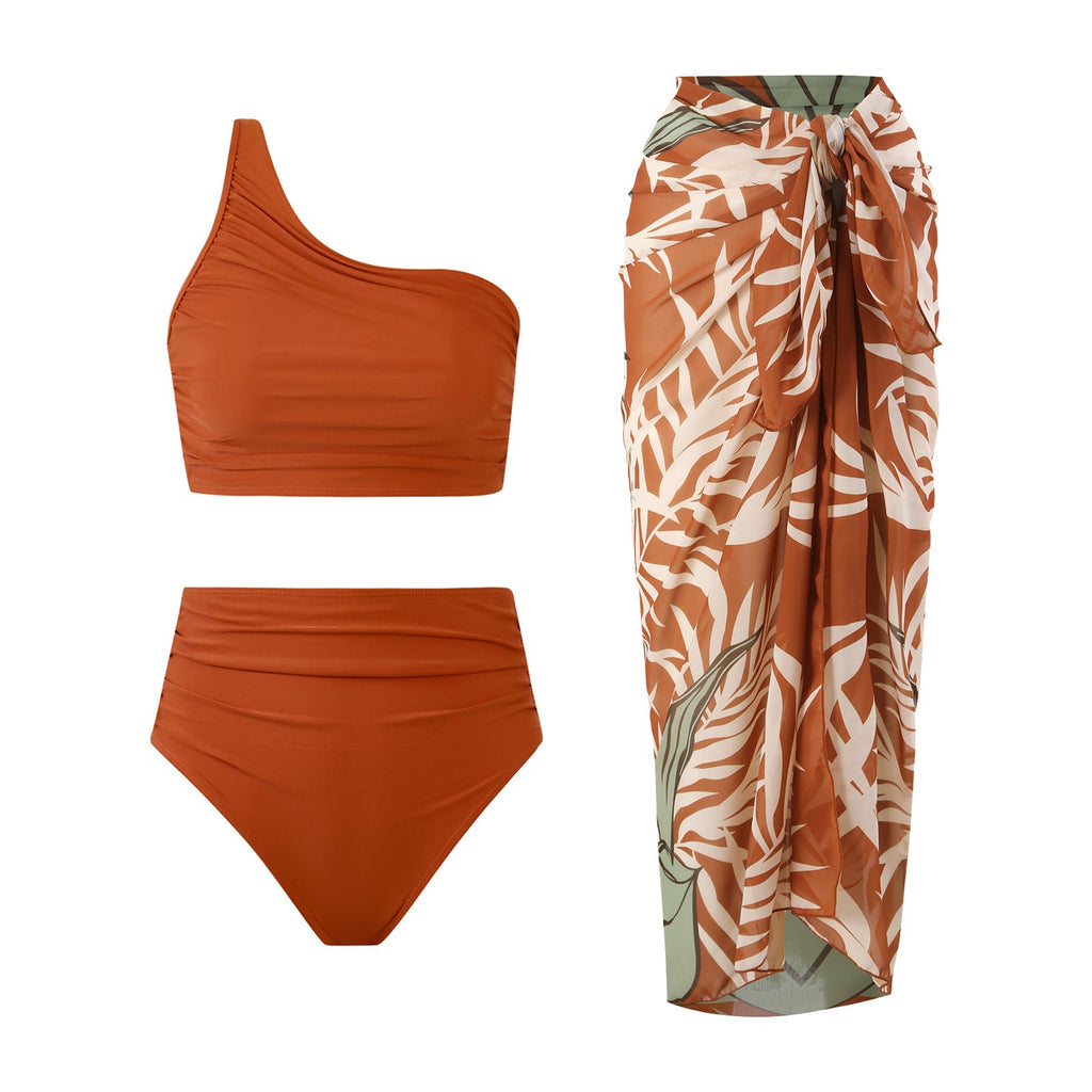 High Waist Ruched Bikini Set with Asymmetric Single Strap Design